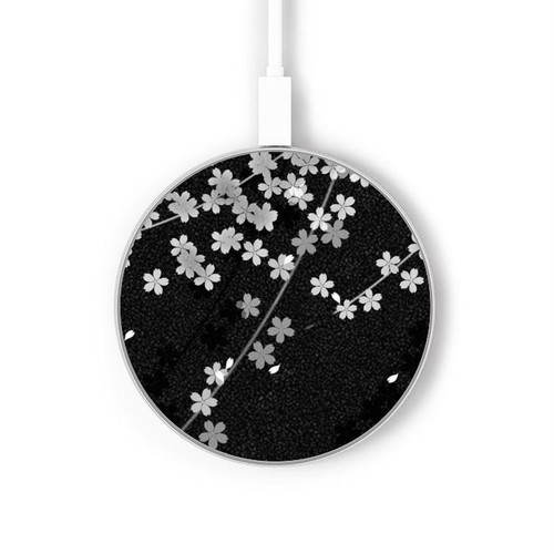 S2544 Japanese Kimono Style Black Flower Pattern Wireless Charger Pad 15W Type-C iPhone Android LED Light Charging Station