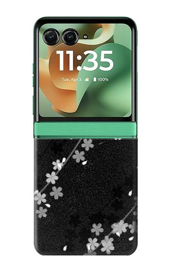 S2544 Japanese Kimono Style Black Flower Pattern Case For Motorola Razr 70+,60+, Razr+ (2026, 2025, 2024)