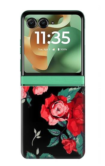 S3112 Rose Floral Pattern Black Case For Motorola Razr 70+,60+, Razr+ (2026, 2025, 2024)