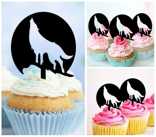 TA0138 Wolf Howling Silhouette Party Wedding Birthday Acrylic Cupcake Toppers Decor 10 pcs