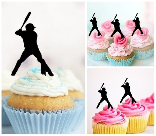 TA0141 Baseball Player Silhouette Party Wedding Birthday Acrylic Cupcake Toppers Decor 10 pcs