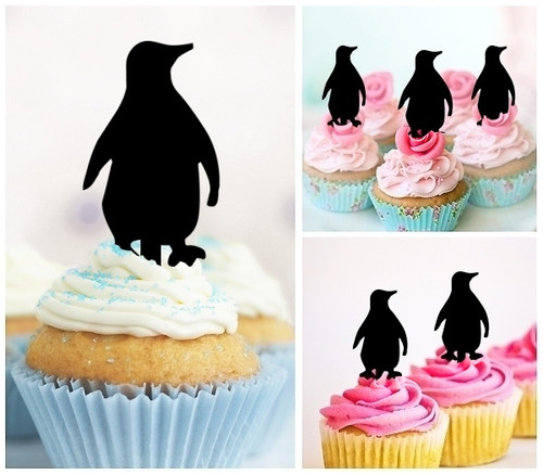 TA0281 Penguin Silhouette Party Wedding Birthday Acrylic Cupcake Toppers Decor 10 pcs