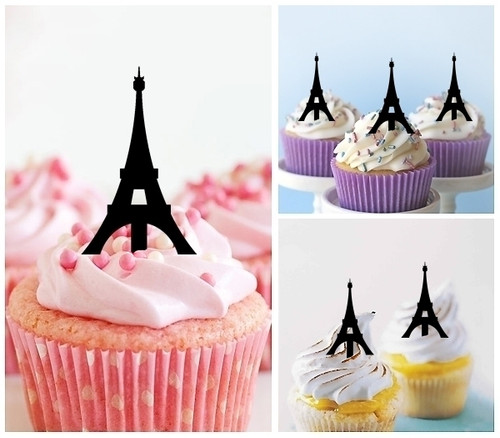 TA0339 Eiffel Tower Silhouette Party Wedding Birthday Acrylic Cupcake Toppers Decor 10 pcs