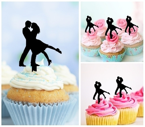 TA0548 Couple Tango Dance Silhouette Party Wedding Birthday Acrylic Cupcake Toppers Decor 10 pcs