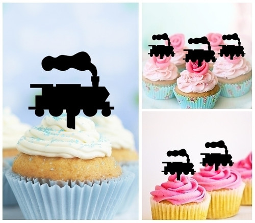 TA0648 Steam Train Silhouette Party Wedding Birthday Acrylic Cupcake Toppers Decor 10 pcs