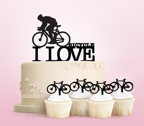 TC0013 I Love Bicycle Party Wedding Birthday Acrylic Cake Topper Cupcake Toppers Decor Set 11 pcs