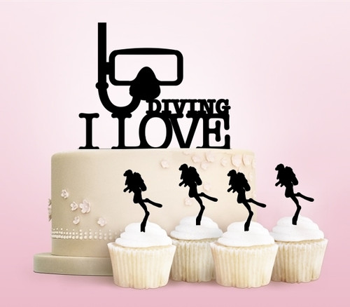 TC0123 I Love Diving Snorkel Party Wedding Birthday Acrylic Cake Topper Cupcake Toppers Decor Set 11 pcs