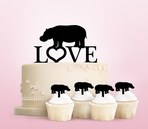 TC0166 Love Hippopotamus Party Wedding Birthday Acrylic Cake Topper Cupcake Toppers Decor Set 11 pcs