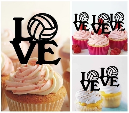 TA0756 Love Volleyball Text Silhouette Party Wedding Birthday Acrylic Cupcake Toppers Decor 10 pcs