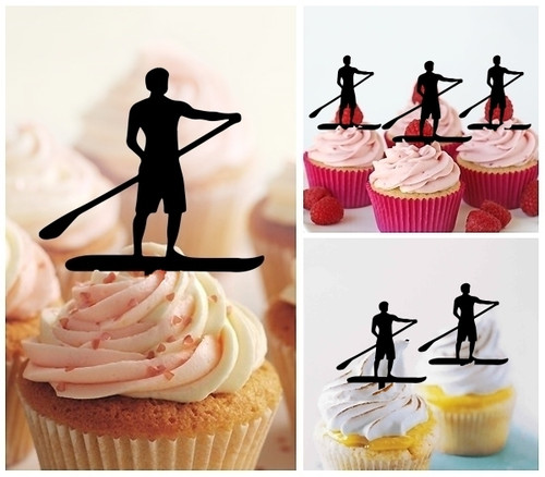 TA0792 Stand Up Paddle Board Silhouette Party Wedding Birthday Acrylic Cupcake Toppers Decor 10 pcs