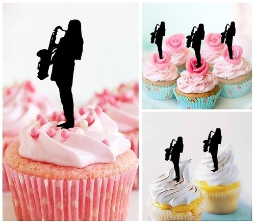 TA0953 Female Jazz Saxophone Silhouette Party Wedding Birthday Acrylic Cupcake Toppers Decor 10 pcs