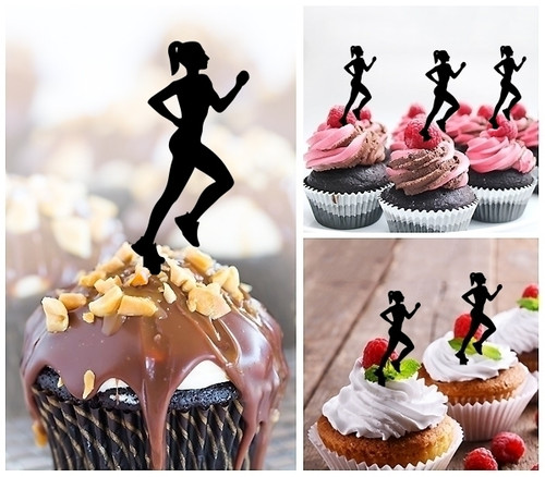 TA1007 Running Female Jogging Girl Silhouette Party Wedding Birthday Acrylic Cupcake Toppers Decor 10 pcs