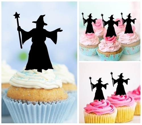 TA1008 Magician Wizard Silhouette Party Wedding Birthday Acrylic Cupcake Toppers Decor 10 pcs