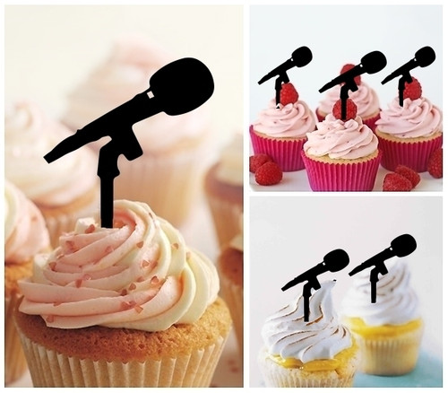 TA1082 Microphone Silhouette Party Wedding Birthday Acrylic Cupcake Toppers Decor 10 pcs