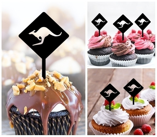 TA1227 Kangaroo Warning Sign Silhouette Party Wedding Birthday Acrylic Cupcake Toppers Decor 10 pcs