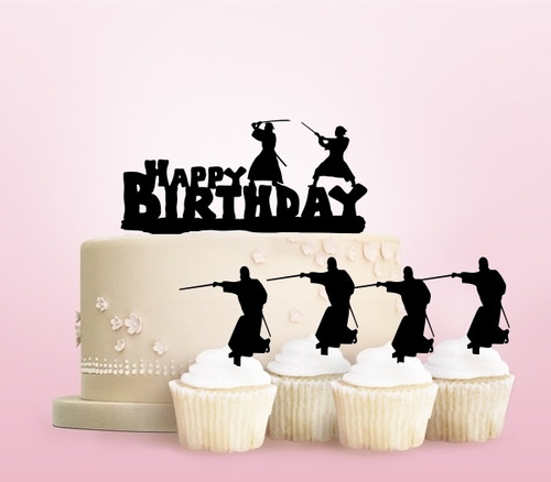 TC0237 Happy Birthday Samurai Fighting Party Wedding Birthday Acrylic Cake Topper Cupcake Toppers Decor Set 11 pcs