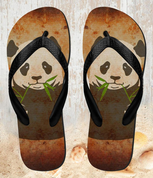 FA0338 Panda Eat Bamboo Vintage Texture Beach Slippers Sandals Flip Flops Unisex