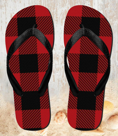 FA0403 Red Buffalo Check Pattern Beach Slippers Sandals Flip Flops Unisex