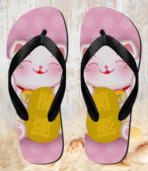 FA0425 Pink Maneki Neko Lucky Cat Beach Slippers Sandals Flip Flops Unisex