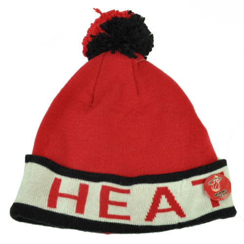 Mitchell Ness Miami Heat Cuffed Pin Pom Pom Knit Beanie Skully Red Black Winter