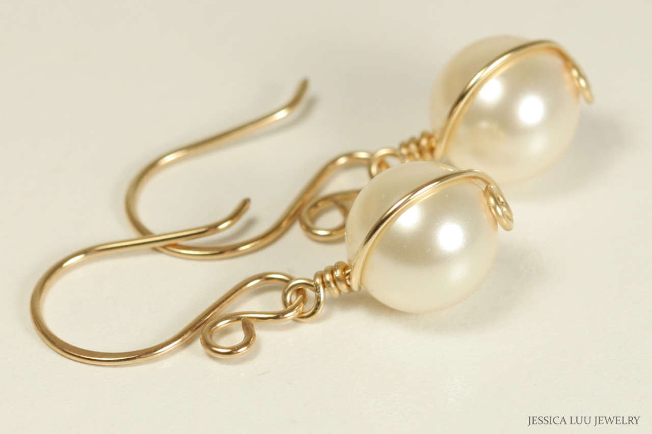 Hand-crafted, Gold Wire-wrapped Pearl Earrings