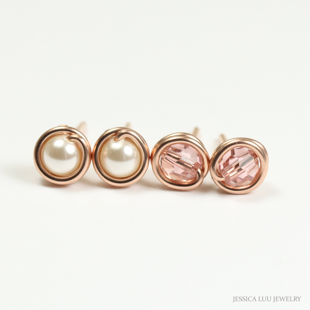 Set of 2 Pairs Tiny Rose Gold Ivory Pearl and Blush Pink Crystal Stud  Earrings - Jessica Luu Jewelry