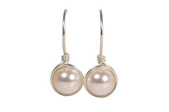 8mm white pearl drop earrings in sterling silver wire wrapped setting and hook ear wires handmade by Jessica Luu Jewelry