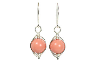 Sterling silver herringbone wire wrapped pink coral dangle earrings handmade by Jessica Luu Jewelry