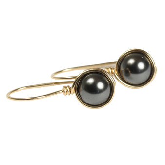 14K yellow gold filled wire wrapped black pearl drop earrings handmade by Jessica Luu Jewelry