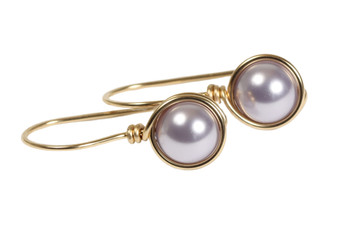 14K gold filled wire wrapped lavender pearl drop earrings handmade by Jessica Luu Jewelry