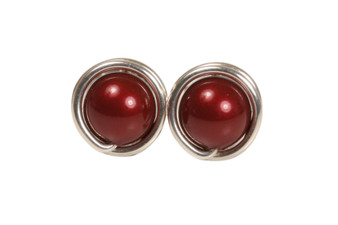 Sterling silver wire wrapped dark red bordeaux pearl stud earrings handmade by Jessica Luu Jewelry