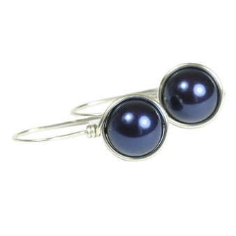 10mm navy blue pearl drop earrings in sterling silver wire wrapped setting handmade by Jessica Luu Jewelry
