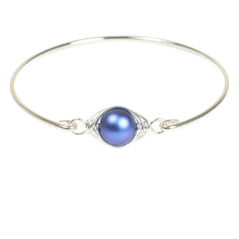 Sterling silver bangle bracelet with 10mm iridescent dark blue pearl solitaire handmade by Jessica Luu Jewelry