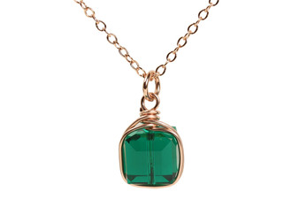 14K rose gold filled wire wrapped emerald green crystal cube pendant on chain necklace handmade by Jessica Luu Jewelry