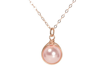14k rose gold filled wire wrapped light pink rosaline pearl solitaire pendant on chain necklace handmade by Jessica Luu Jewelry