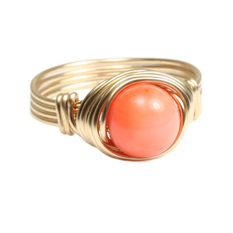 14K gold filled wire wrapped natural orange coral  gemstone solitaire ring handmade by Jessica Luu Jewelry