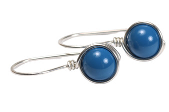 Sterling silver wire wrapped lapis blue pearl drop earrings handmade by Jessica Luu Jewelry