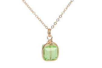 14K rose gold filled wire wrapped peridot light green crystal cube pendant on chain necklace handmade by Jessica Luu Jewelry