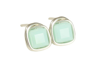 Sterling silver wire wrapped light mint alabaster green crystal cube stud earrings handmade by Jessica Luu Jewelry