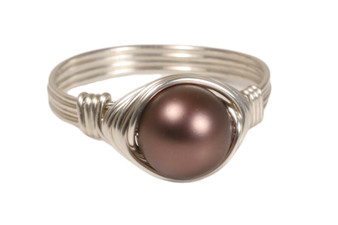 Sterling silver wire wrapped velvet brown  pearl solitaire right hand ring handmade by Jessica Luu Jewelry