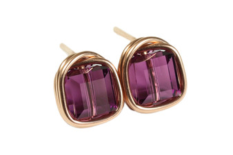 14K rose gold filled wire wrapped amethyst purple crystal square cube stud earrings handmade by Jessica Luu Jewelry