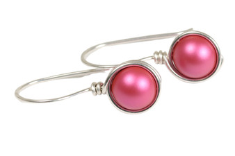 Sterling silver wire wrapped dark pink mulberry pearl drop earrings handmade by Jessica Luu Jewelry
