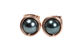 14K rose gold filled wire wrapped blue grey Tahitian crystal pearl stud earrings handmade by Jessica Luu Jewelry