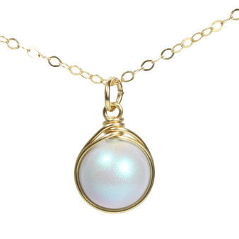 10mm powder blue pearl solitaire pendant in 14K yellow gold filled wire wrapped setting on 18 inch long chain necklace handmade by Jessica Luu Jewelry