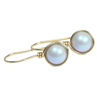 8mm powder blue pearl drop earrings in 14K yellow gold filled wire wrapped setting handmade by Jessica Luu Jewelry