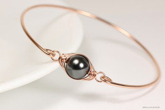 Rose Gold Black Pearl Bangle Bracelet - More Metal Options Available