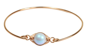 14K rose gold filled bangle bracelet with 10mm iridescent powder blue pearl solitaire handmade by Jessica Luu Jewelry
