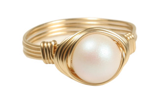 14K yellow gold filled wire wrapped pearlescent white pearl solitaire ring handmade by Jessica Luu Jewelry