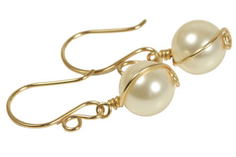14K yellow gold filled wire wrapped ivory cream  pearl dangle earrings handmade by Jessica Luu Jewelry