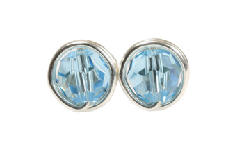 Sterling silver wire wrapped aquamarine blue round crystal stud earrings handmade by Jessica Luu Jewelry